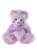 A purple and white fluffy teddy bear sits upright against a white background, wearing a sheer lavender ribbon bow tied at its neck.