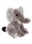 A grey elephant plush toy sits upright against a white background, featuring large ears, a raised trunk, small tusks, and a black-tipped tail.
