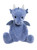 A blue plush dragon teddy bear sits upright against a white background, featuring small white horns, tiny wings, shiny black eyes, and fluffy rounded feet.