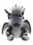 A grey plush dragon teddy bear sits upright against a white background, featuring bat-like wings, white fluffy mane, brown eyes, and textured clawed feet.