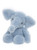 A soft, blue plush elephant teddy bear sits upright against a white background, with large floppy ears, a short trunk, and round paws.
