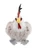 A plush rooster teddy bear sits upright against a white background, featuring grey-brown fluffy body, white chest, yellow beak, red wattle, and dark feathered comb.