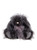 A dark grey, long-haired plush bunny rabbit sits upright against a white background, adorned with a sheer lavender ribbon bow at its chest.