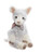 A plush goat teddy bear sits upright against a white background, featuring soft grey-white fur, pink-lined ears, taupe hooves, and a decorative gingham and grey collar with a small flower embellishment.