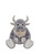 A grey plush bull teddy bear sits upright against a white background, featuring curved horns, a cream chest tuft, a single tooth, and large hooved paws.