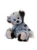 A multicoloured plush teddy bear with blue, grey, black, and white fur sits upright, wearing a sheer blue ribbon bow, against a white background.