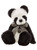 A black and white panda teddy bear sits upright against a white background, wearing a black and white gingham ribbon bow with a small bronze jingle bell attached.