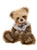 A large, fluffy Charlie Bears teddy bear sits upright, featuring tipped brown and golden fur, a lace collar, and a silver satin bow, against a white background.
