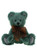 A teal/dark green fluffy teddy bear sits upright against a white background, wearing a sheer brown ribbon bow tied around its neck.