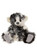 A black, grey, and white fluffy Charlie Bears teddy bear sits upright against a white background, featuring large round ears, brown eyes, a grey nose, and grey suede paw pads.