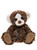 A spotted brown, black, and white plush teddy bear sits upright against a white background, wearing a decorative antique-style skeleton key charm around its neck.