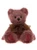 A dusty rose/mauve plush teddy bear sits upright, wearing a sheer bronze/gold organza bow tie, with darker pink velvet paw pads, small black eyes, and a black nose.