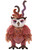 A pink and mauve owl plush toy stands upright, featuring ornate curling feather crests, embroidered detailing, purple eye markings, and grey taloned feet, against a white background.