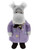 A grey plush bear stands upright wearing a purple floral coat, black bow tie, and round glasses, with wild grey hair, against a white background.