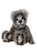 A grey and black mottled plush teddy bear sits upright, wearing a decorative knitted collar with a gemstone brooch, against a white background.