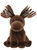 A brown moose plush teddy bear sits upright against a white background, featuring large flat antlers, grey-lined ears, dark hooves, and shiny button eyes.