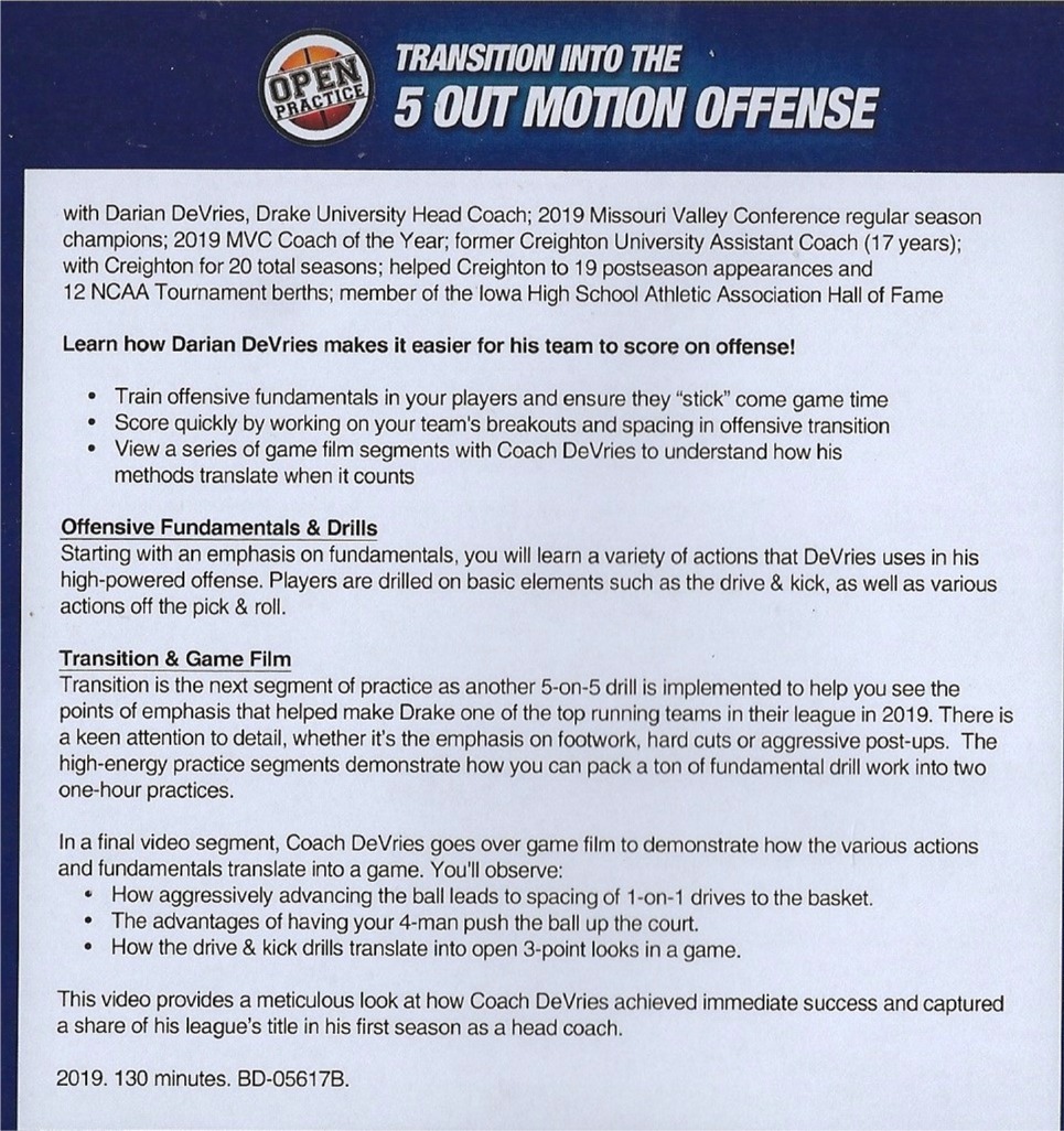 Transition Offense Into The 5 Out Motion Offense By Darren Devries 5 out motion offense complete basketball coaches guide, in this video i show a complete 5 out basketball playbook that you can use with your basketball. hoops king