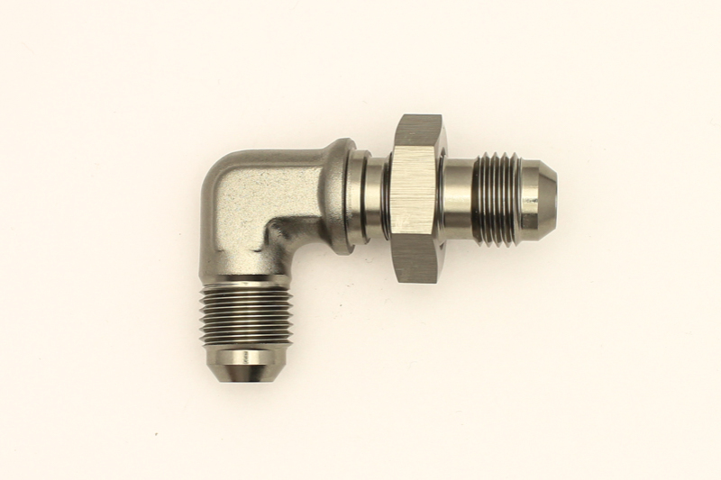 DeatschWerks 6AN Male Flare To 6AN Male Flare Bulkhead Adapter 90-Degree (Incl. Nut) - 6-02-0710