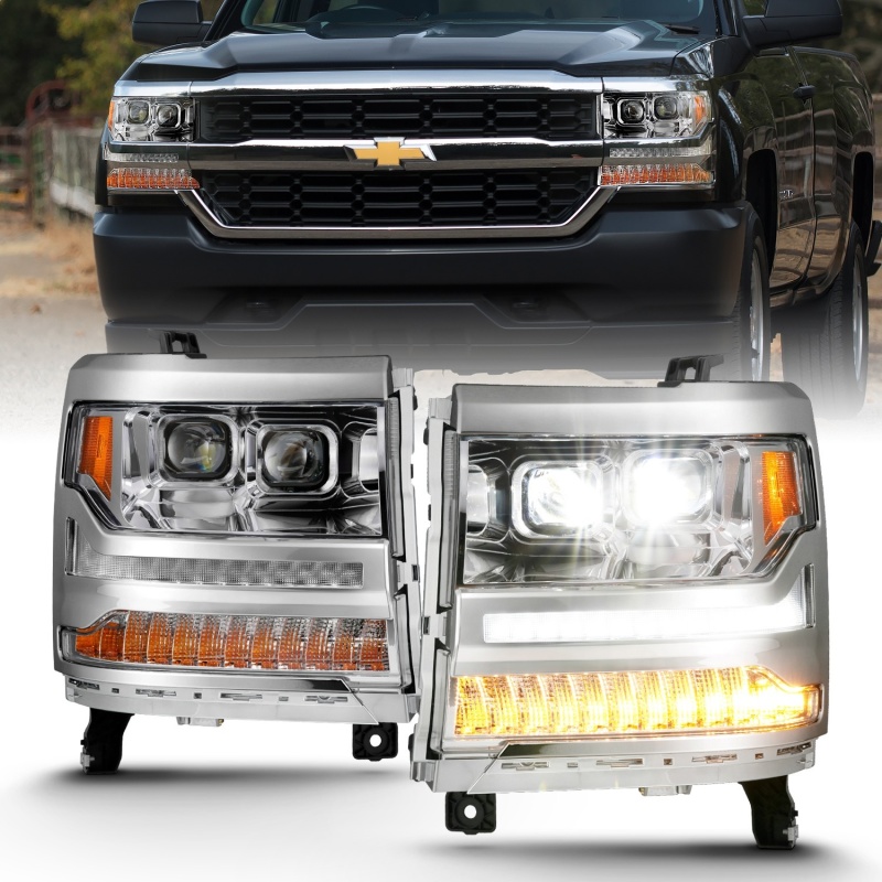 ANZO 16-18 Chevrolet Silverado 1500 LED Projector Headlights w/Plank Style Switchback Chrome w/Amber - 111421