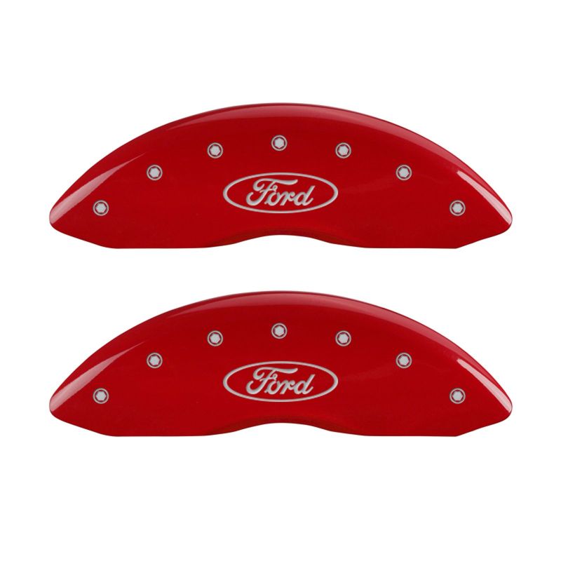 Set of 4: Red finish, Silver Ford Oval Logo - 10219SFRDRD