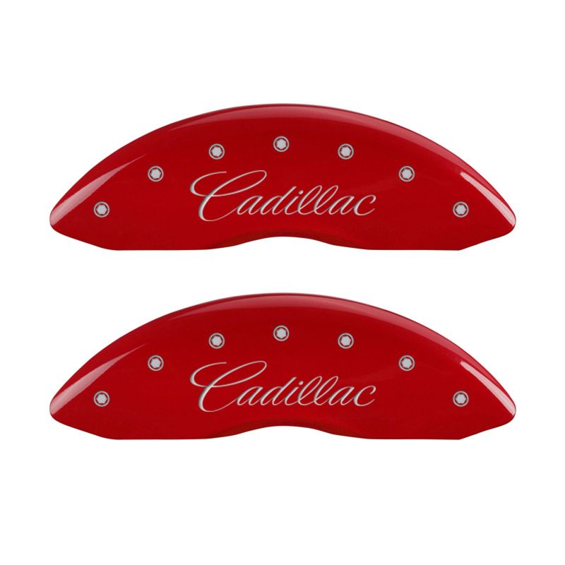 MGP 4 Caliper Covers Engraved Front & Rear Cursive/Cadillac Red finish silver ch - 35015SCADRD