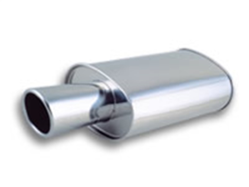 Vibrant StreetPower Turbo Oval Muffler with 4in Round Tip Angle Cut Rolled Edge - 3in inlet I.D. - 1042