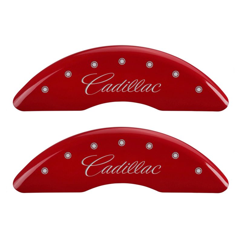 Set of 4: Red finish, Silver Cadillac (Cursive) - 35026SCADRD