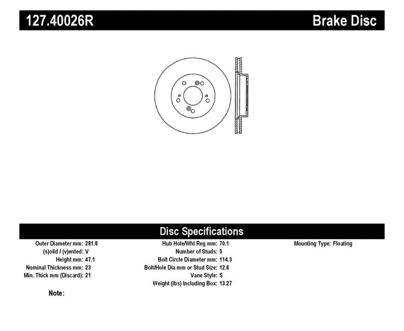 StopTech 97-01 Acura Integra Type R / 97-01 Honda CR-V Slotted & Drilled Right Front Rotor - 127.40026R