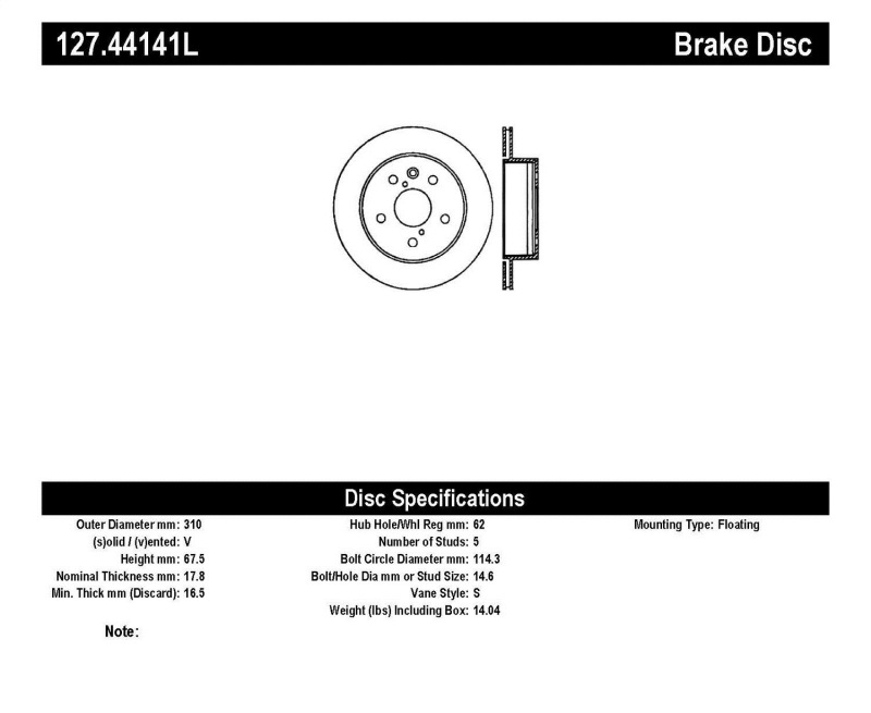 StopTech Power Slot 06-11 Lexus GS Series / 06-12 IS350 Rear Left Drilled & Slotted Rotor - 127.44141L