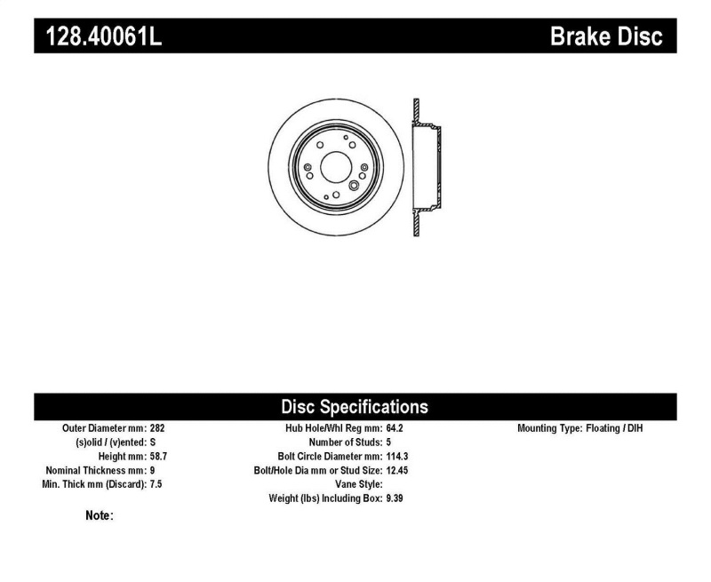 StopTech 04-08 Acura TL/TL-S Standard/Brembo Drilled Left Rear Rotor - 128.40061L