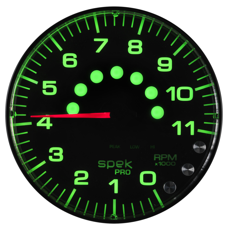 GAUGE; TACHOMETER; 5in.; 11K RPM; W/SHIFT LIGHT/PEAK MEM; BLACK/BLACK; SPEK-PRO - P239328