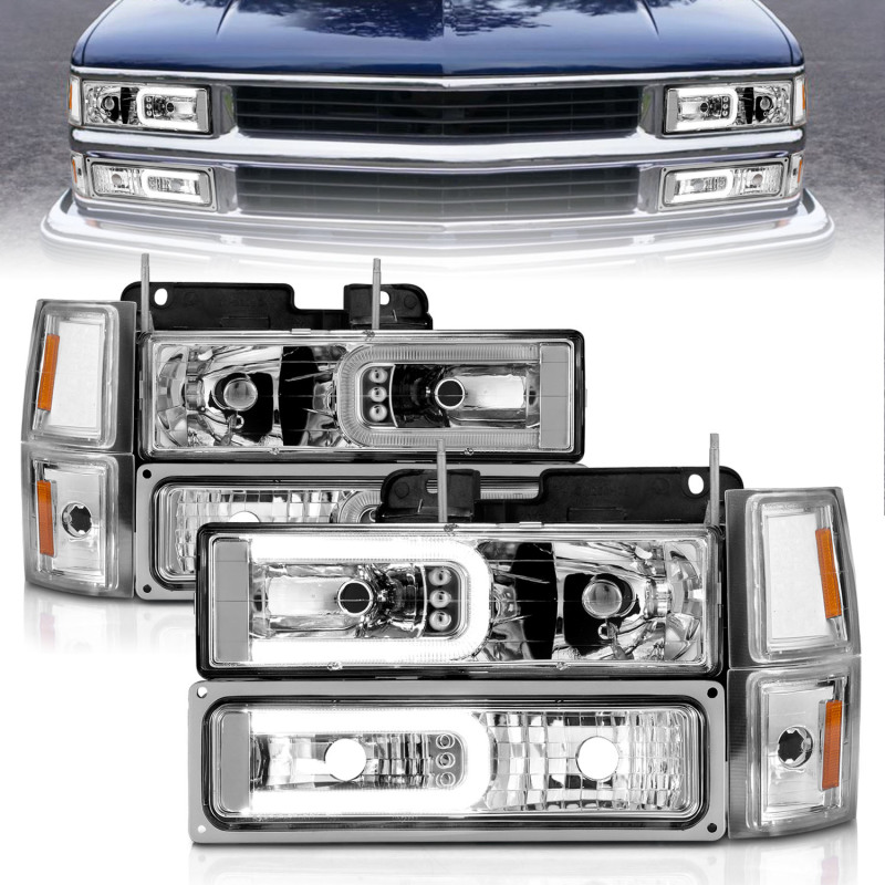 ANZO 88-98 Chevrolet C1500 Crystal Headlights w/Light Bar Chrome Housing w/ Signal Side Markers 8Pcs - 111529