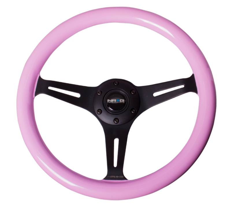 NRG Classic Wood Grain Steering Wheel (350mm) Solid Pink Painted Grip w/Black 3-Spoke Center - ST-015BK-PK