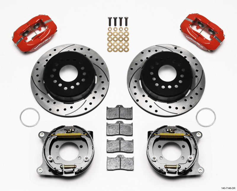 Wilwood Forged Dynalite P/S Park Brake Kit Drilled Red Ford 8.8 w/2.5in Offset-5 Lug - 140-7146-DR
