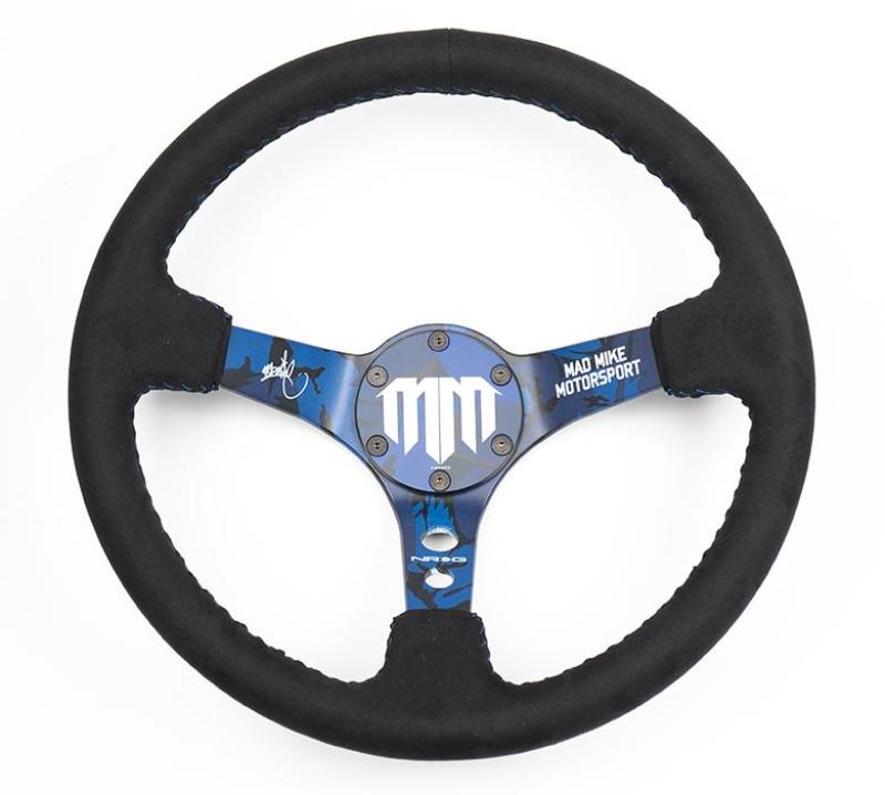 NRG Reinforced Steering Wheel (3in. Deep) Mad Mike/ 5mm Spoke /Alcantara Finish w/ Blue Stitching - RST-020MB-C-MM
