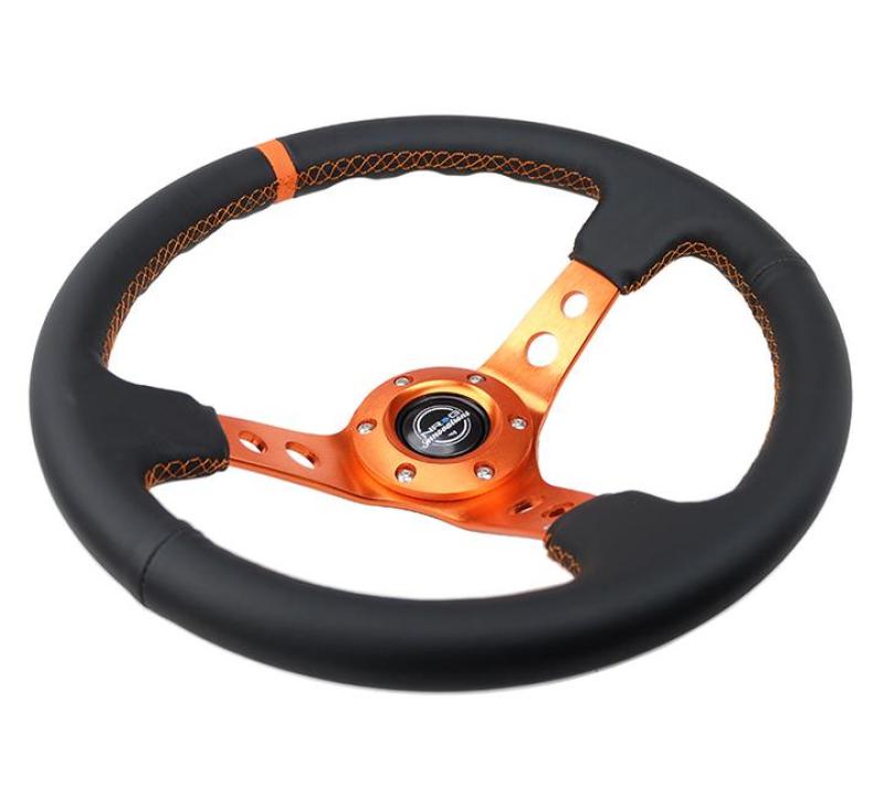 NRG Reinforce Steering Wheel (350mm / 3in. Deep) Blk Leather, Orange Center Mark w/ Orange Stitching - RST-006OR