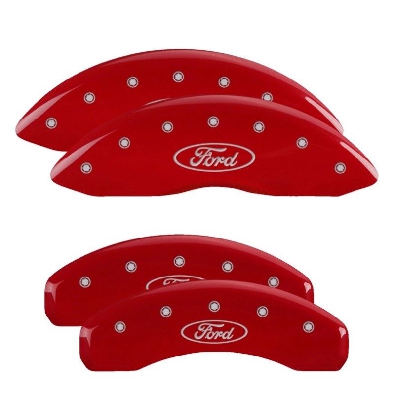 Set of 4: Red finish, Silver Ford Oval Logo - 10256SFRDRD