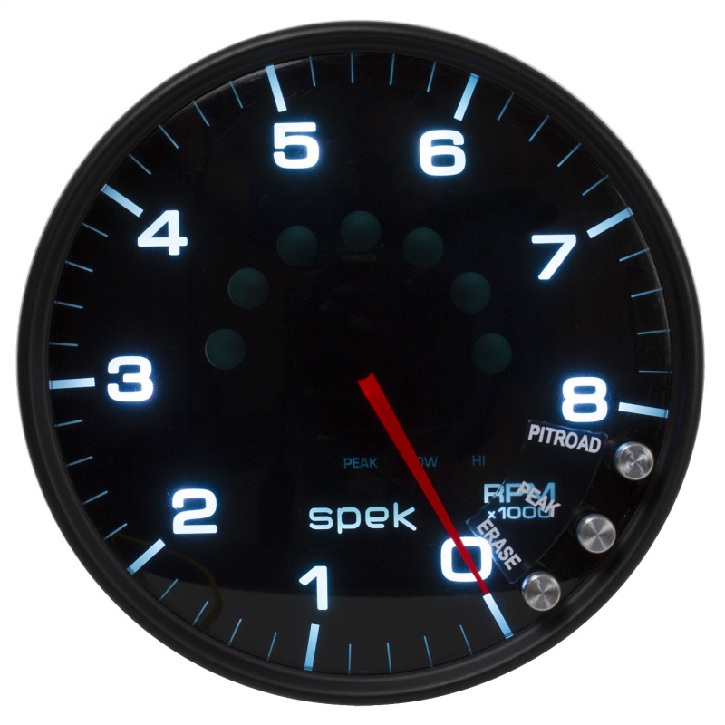 GAUGE, TACHOMETER, 5", 8K RPM, W/SHIFT LIGHT & PEAK MEM, BLACK/SMOKE/BLACK, SPEK - P23852