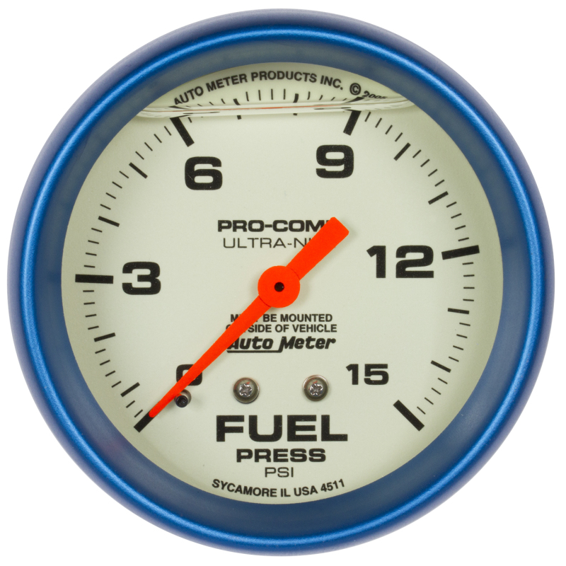 Autometer Ultra-Nite 2-5/8in 15psi Mechanical Glow In The Dark Fuel Pressure Gauge - 4211