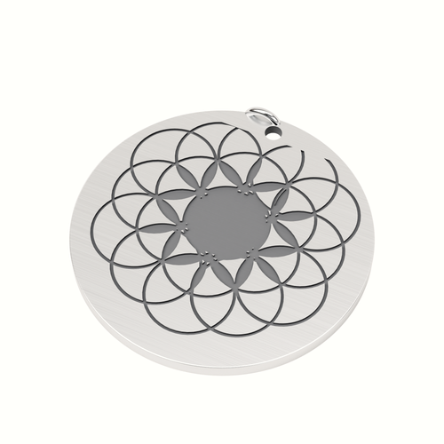 Flower of Life disc pendant in brushed 316L stainless steel, front view
