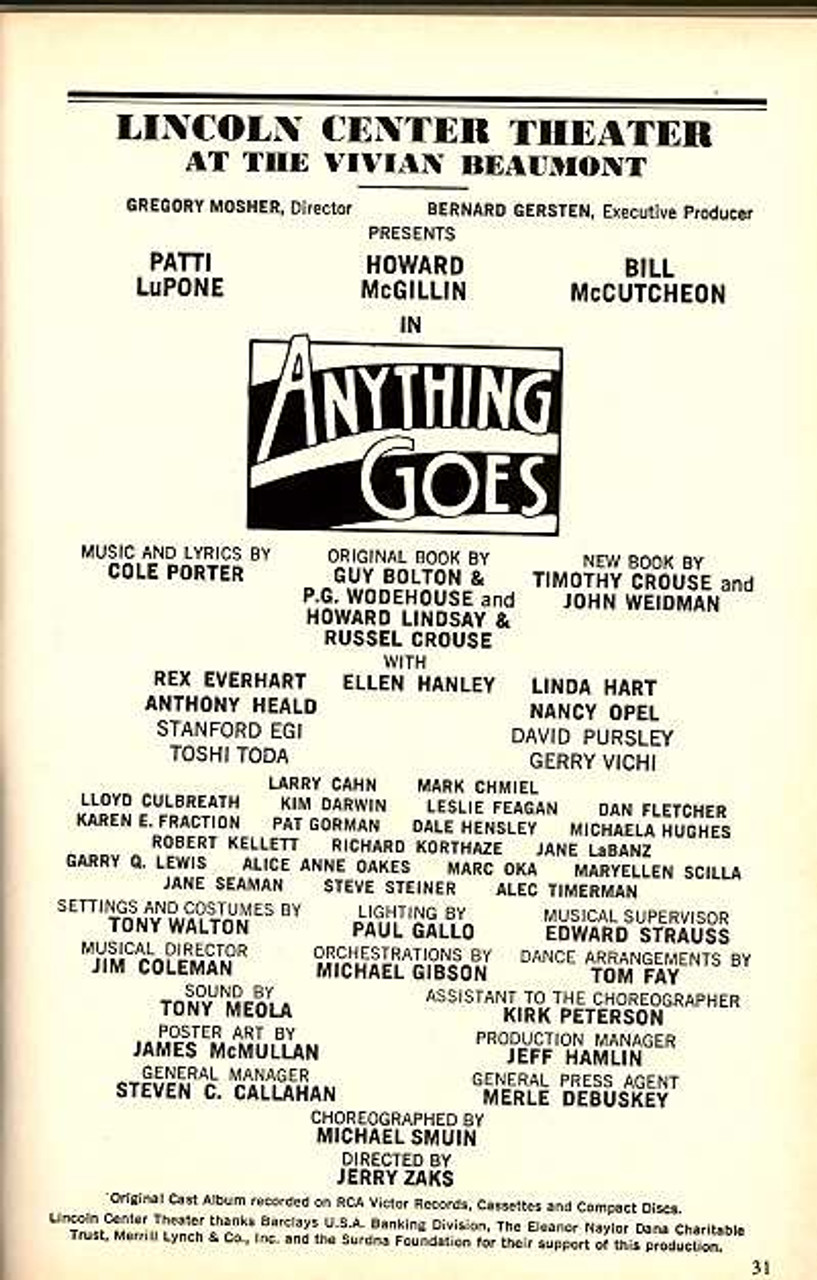 Anything Goes Broadway 1989 Playbill Patti LuPone