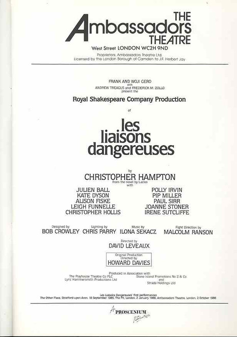 Les Liaisons Dangereuses (Play), Julien Ball, Polly Irvin, Kate Dyson, Royal Shakespeare Company production London 1986