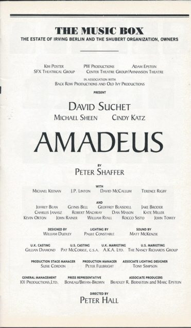 Amadeus (Feb 2000), David Suchet, Michael Sheen, Cindy Katz, David McCallum The Music Box Theatre NYC, a play by Peter Shaffer