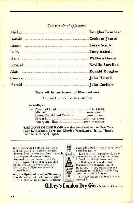 The Boys in the Band (Play), Douglas Lambert, Graham James, Terry Scully, Tony Anholt, Wyndham's Theatre London, Boys in the Band Memorabilia, Playbills, Theatre programs