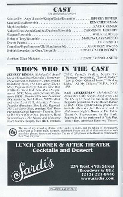 Doctor Faustus (Play) Chris Noth, Playbill June 2015 Pride Edition, Jeffrey Binder, Ken Cheeseman, Zach Grenier, Carmen M Herlihy, Walker Jones, Marina Lazzaretto, Chris Noth, Geoffrey Owens, Lucas Caleb Rooney