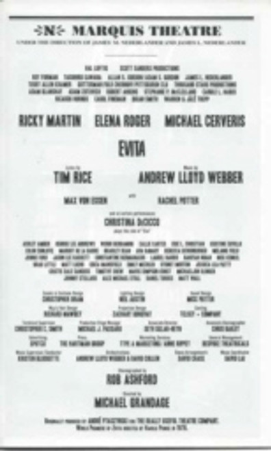 Evita (Musical), Ricky Martin, Elena Roger, Max Von Essen, Christina DeCicco, Michael Cerveris, Sept 2012 Playbill Broadway Revival Marquis Theatre