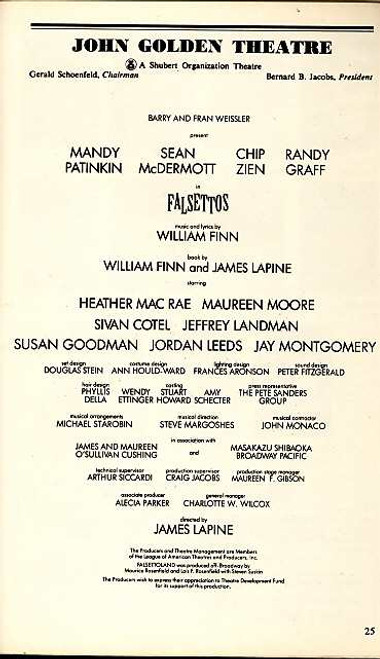 Falsettos (Musical) Mandy Patinkin, Sean McDermott, Chip Zien, Randy Graff - May 1993 John Golden Theatre Broadway