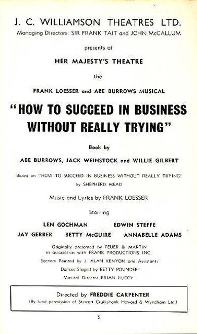 How to Succeed in Business without Really Trying (Musical), Len Gochman, Edwin Steffe, Jay Gerber - 1964 Australian Tour Sydney