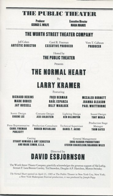 The Normal Heart (Play) Richard Bekins,Fred Berman,McCaleb Burnett -The Public Theatre Playbill/Program Date May 2004