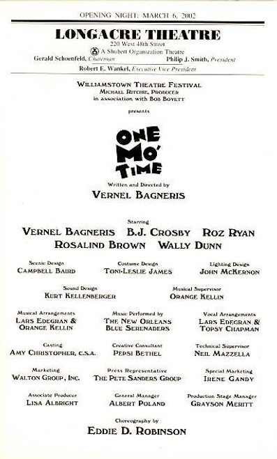 One Mo Time (Musical), Longacre Theatre, Vernel Bagneris, B j Crosby, Roz Ryan, Rosalind, Wally Dunn, one mo time playbill